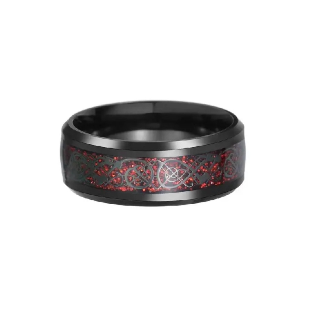 Mens Durable Stainless Steel Black/Red Dragon Pattern Band Size 10